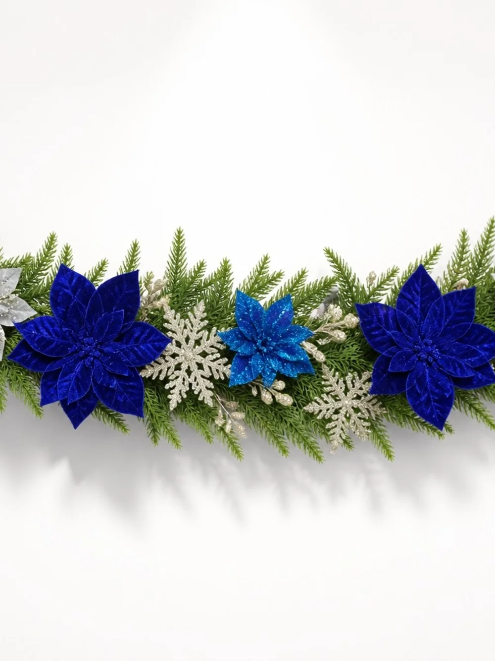 Blue, Silver & White Poinsettia & Snowflake Holiday Garland - NWOT
